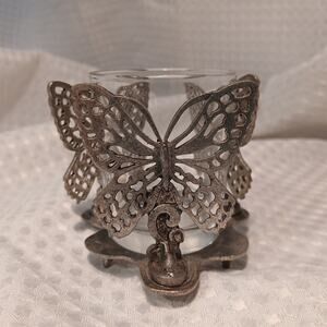Vtg Metzke Pewter Ornate Cut Butterfly Candle Holder with Clear Glass Votive Cup